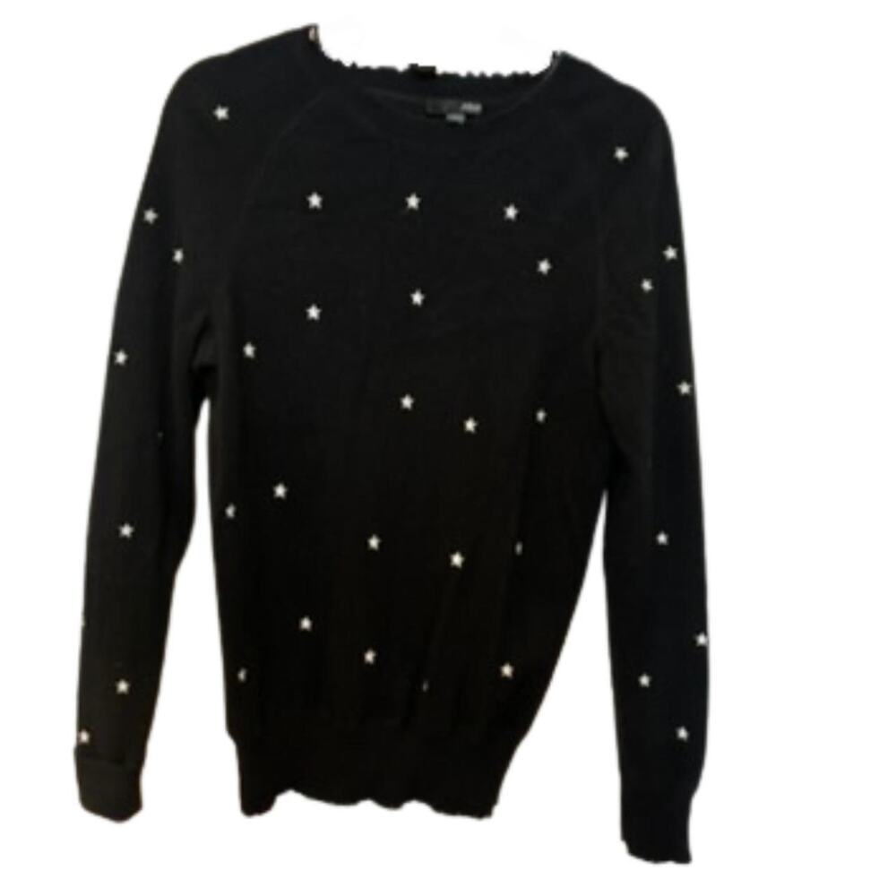 AQUA Cashmere Star Embroidered Sweater - Black - Size Medium - Luxury